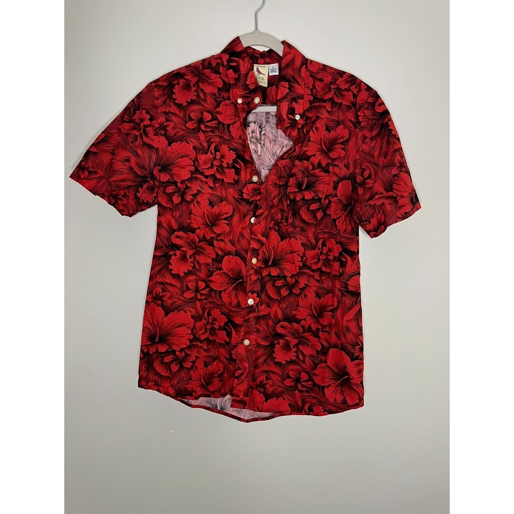 Ken LTD Mens Red Floral Button Down Short Sleeve Cotton Shirt Large